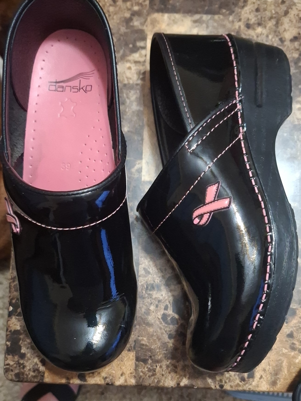 Dansko Women's Black Patent Clogs with Breast Cancer Awareness Ribbon
